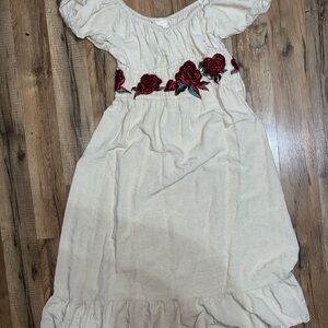 Cream Kids Dress with Red Floral Embroidery